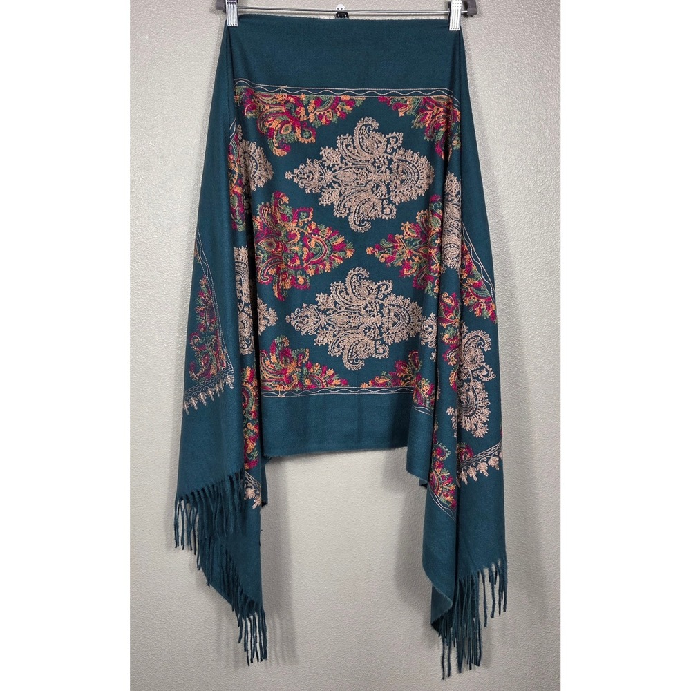 100% Wool Paisley Embroidered Shawl Wrap Teal Pashmina Fringe Boho